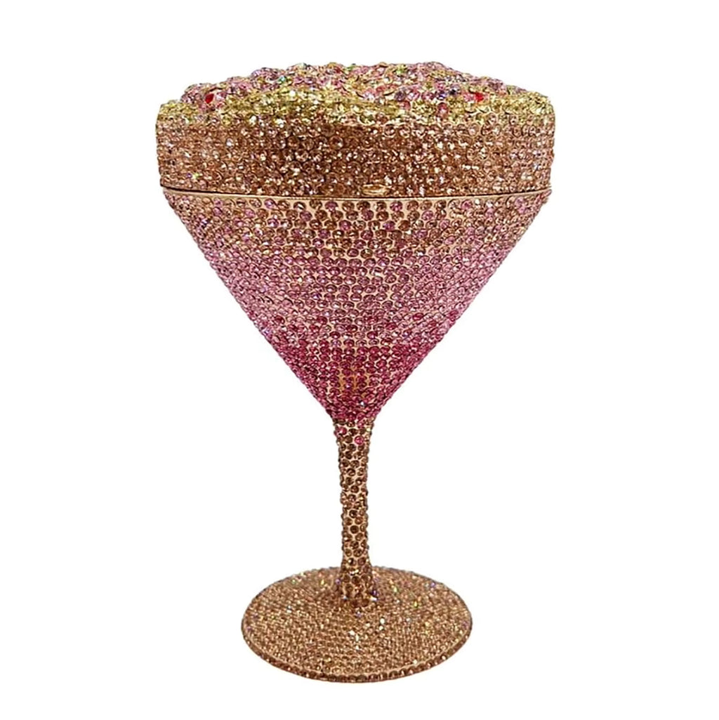 Champagne flower goblet rhinestone purse featuring shimmering crystal embellishments, elegant gold-tone details and chain strap