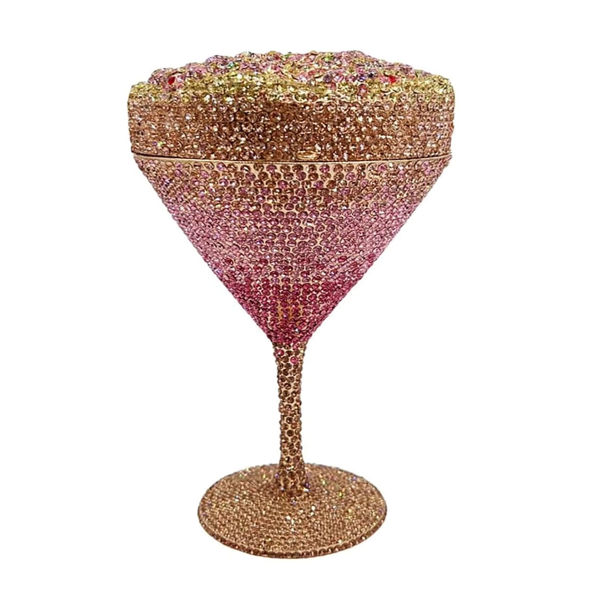 Champagne flower goblet rhinestone purse featuring shimmering crystal embellishments, elegant gold-tone details and chain strap
