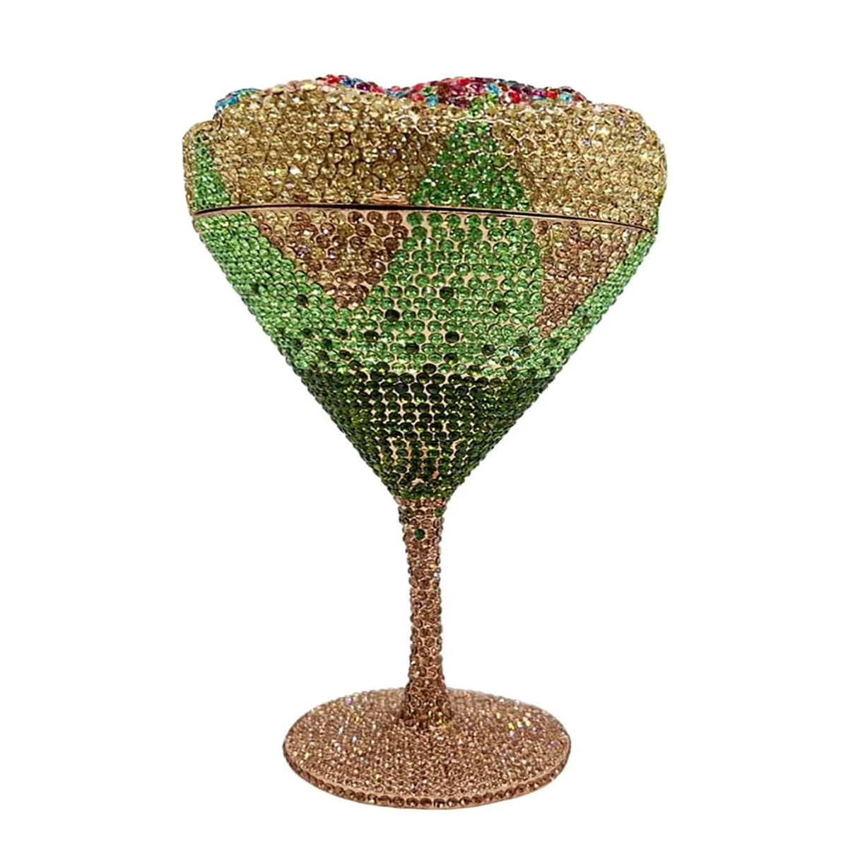 Multicolor green flower goblet rhinestone purse with vibrant crystal embellishments, floral design and elegant gold-tone chain strap