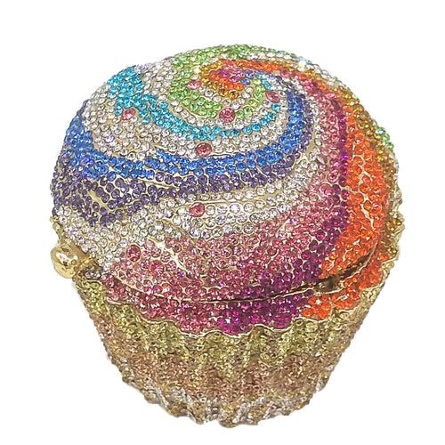Multicolor cupcake rhinestone purse with blue, pink, purple, green and orange crystal embellishments. Shop a dazzling multicolor cupcake rhinestone purse decorated with blue, pink, purple, green and orange sparkling crystals. multicolor cupcake purse, colorful rhinestone clutch, blue pink rhinestone purse, orange crystal clutch, novelty cupcake bag