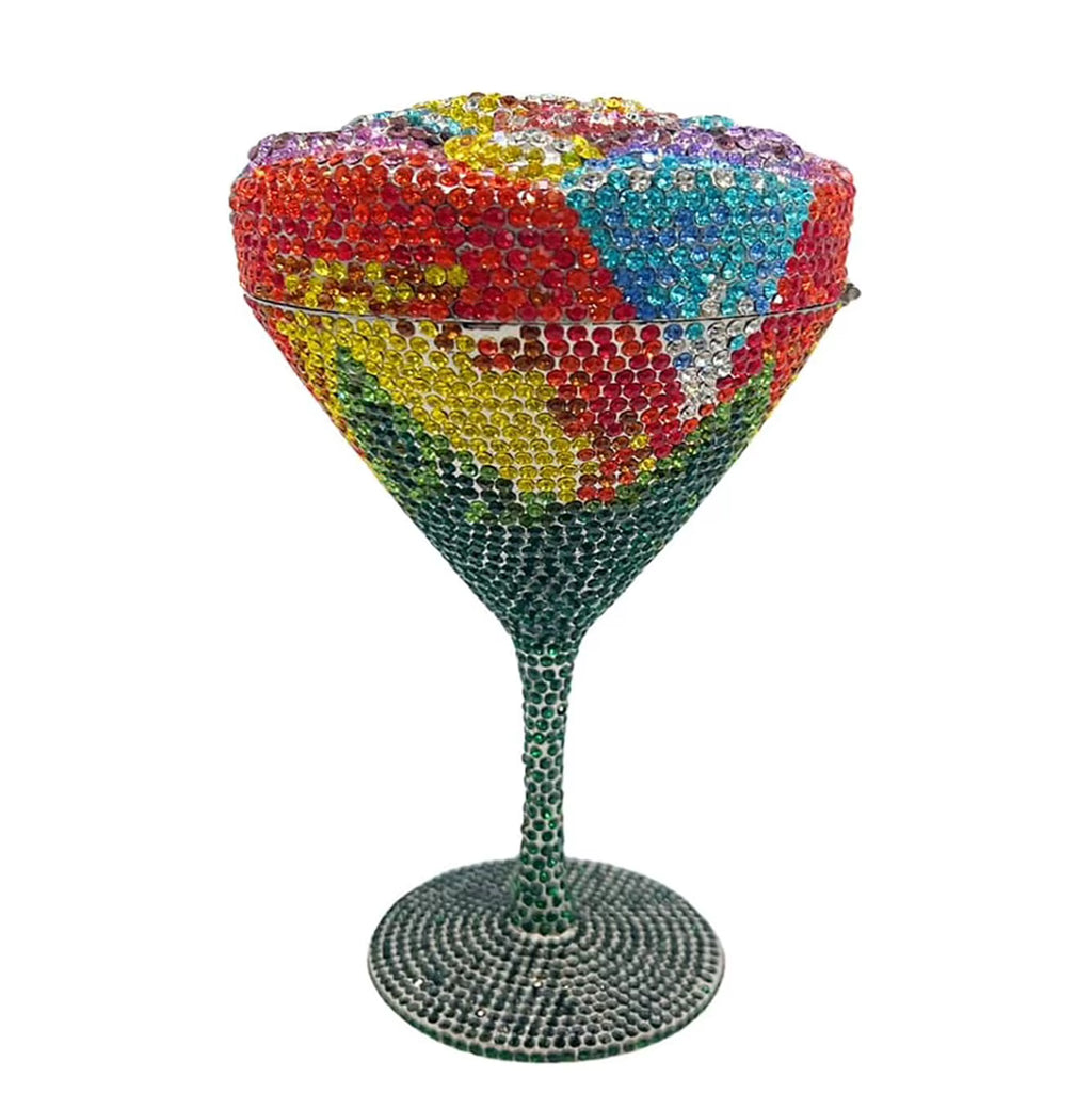 Multicolor green flower goblet rhinestone purse with vibrant crystal embellishments, floral design and elegant gold-tone chain strap