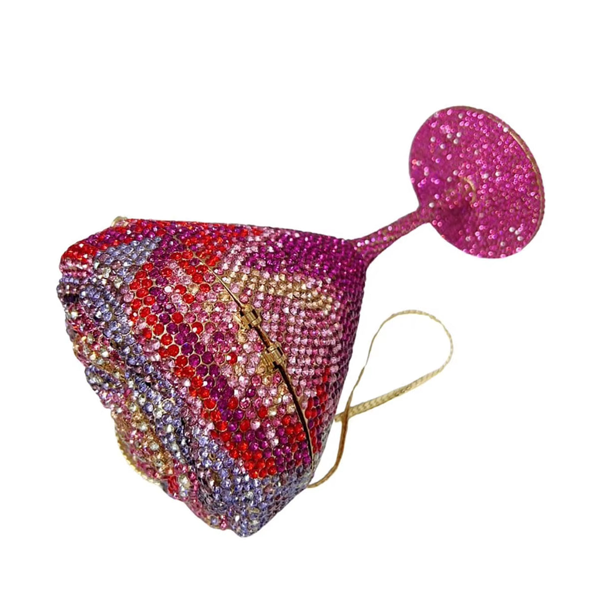 Pink flower goblet rhinestone purse covered in sparkling pink crystal embellishments with elegant gold-tone details and chain strap