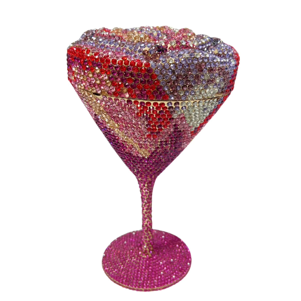 Multicolor pink flower goblet rhinestone purse featuring sparkling pink, red and crystal embellishments with gold-tone chain strap