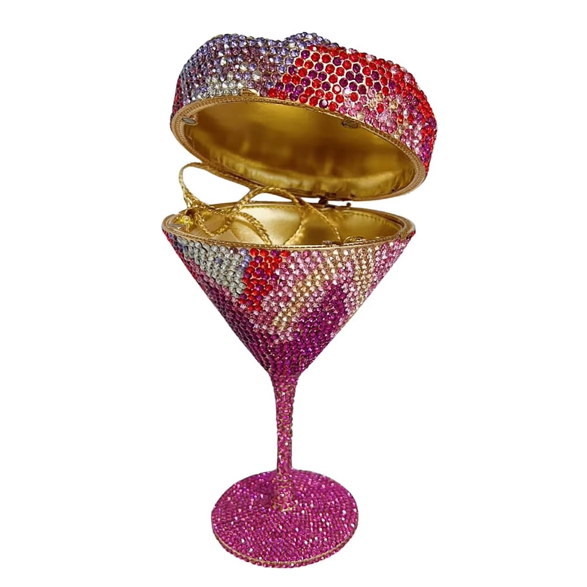 Pink flower goblet rhinestone purse covered in sparkling pink crystal embellishments with elegant gold-tone details and chain strap