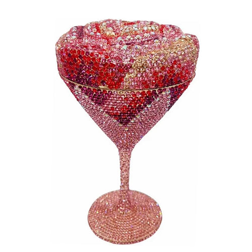 Pink flower goblet rhinestone purse covered in sparkling pink crystal embellishments with elegant gold-tone details and chain strap