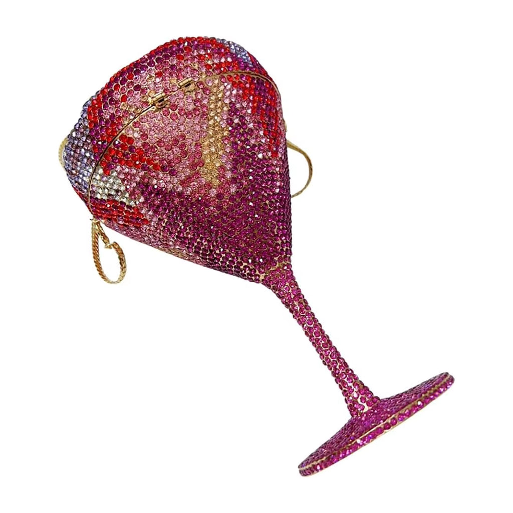 Pink flower goblet rhinestone purse covered in sparkling pink crystal embellishments with elegant gold-tone details and chain strap