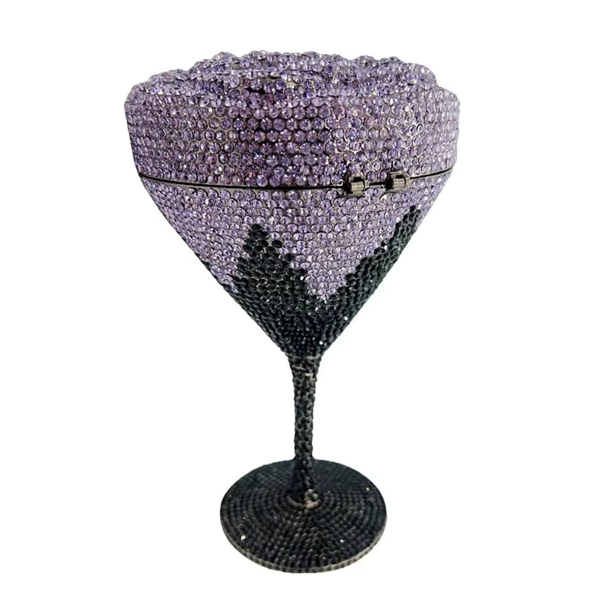 Purple flower goblet rhinestone purse with sparkling crystal embellishments and gold-tone chain strap, glamorous evening handbag