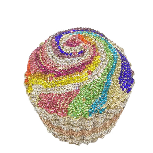 Rainbow multicolor cupcake rhinestone purse covered in sparkling pink, blue, green, yellow and purple crystals. Multicolor rainbow cupcake rhinestone purse featuring sparkling pink, blue, green, yellow and purple crystal embellishments. rainbow cupcake purse, multicolor rhinestone purse, rainbow rhinestone clutch, colorful cupcake handbag, crystal cupcake purse