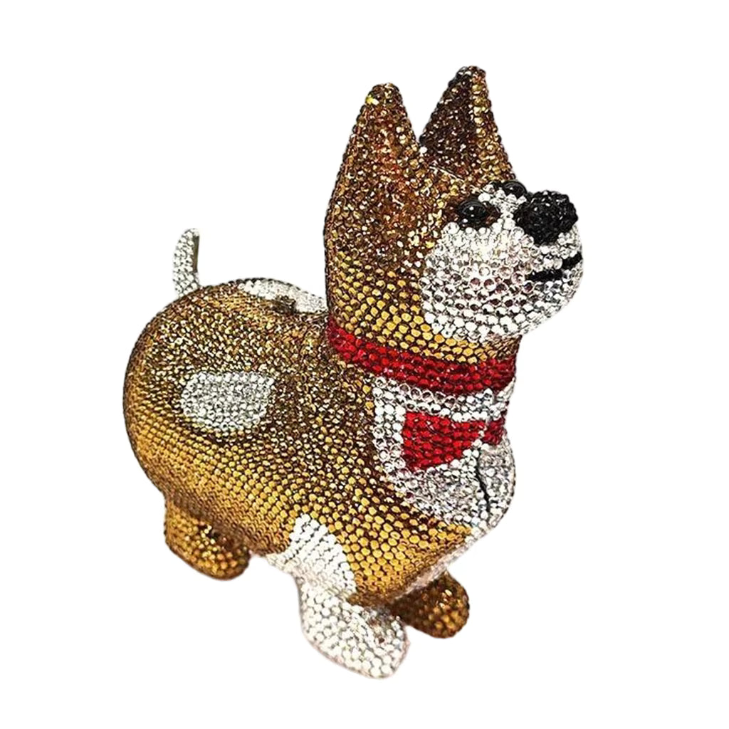 Rhinestone bulldog purse with sparkling gold, silver, black, and red jeweled detailing, featuring a unique 3D dog-shaped design and luxurious statement handbag style