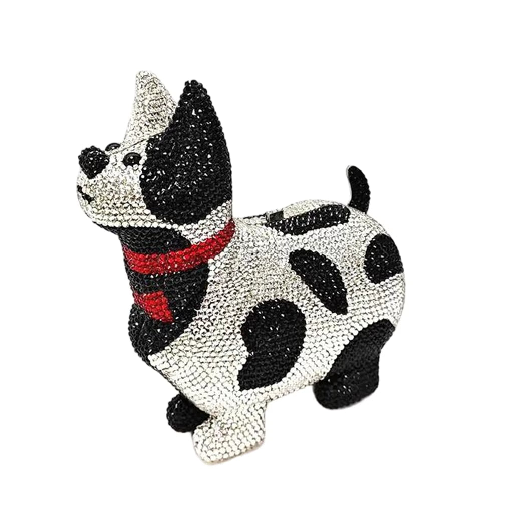 Rhinestone bulldog purse with sparkling gold, silver, black, and red jeweled detailing, featuring a unique 3D dog-shaped design and luxurious statement handbag style