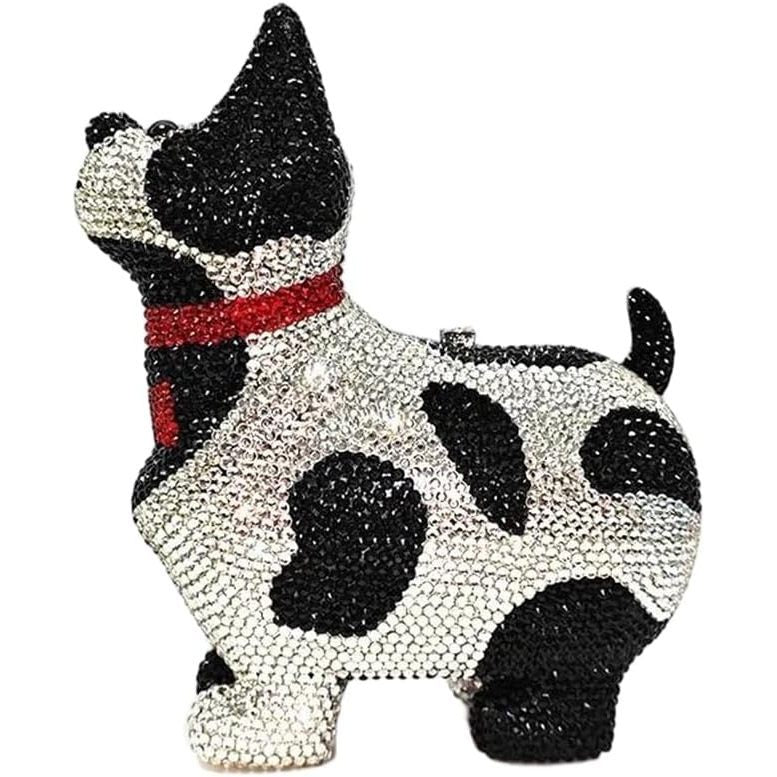 Rhinestone bulldog purse with sparkling gold, silver, black, and red jeweled detailing, featuring a unique 3D dog-shaped design and luxurious statement handbag style