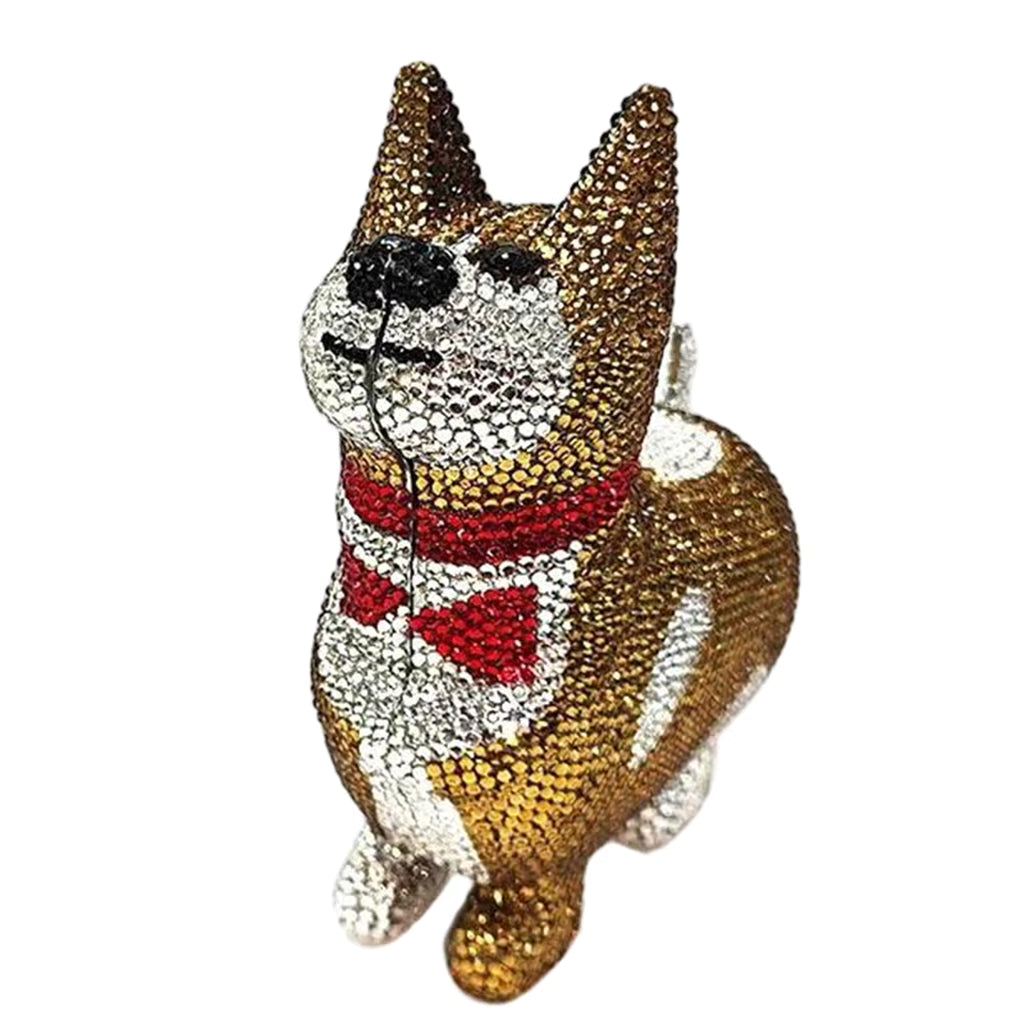 Rhinestone bulldog purse with sparkling gold, silver, black, and red jeweled detailing, featuring a unique 3D dog-shaped design and luxurious statement handbag style
