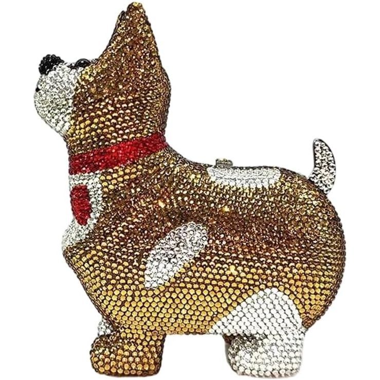 Rhinestone bulldog purse with sparkling gold, silver, black, and red jeweled detailing, featuring a unique 3D dog-shaped design and luxurious statement handbag style