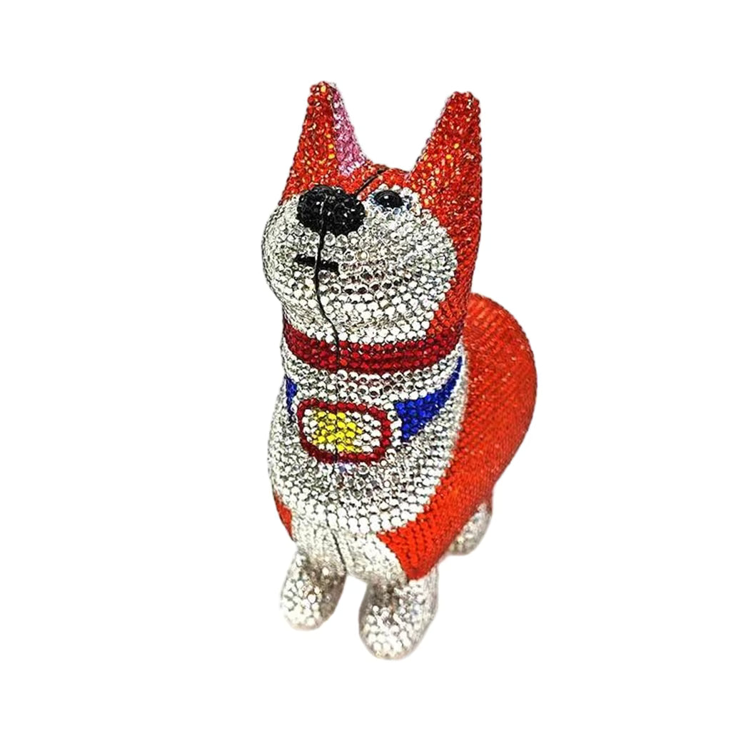 Rhinestone bulldog purse with sparkling gold, silver, black, and red jeweled detailing, featuring a unique 3D dog-shaped design and luxurious statement handbag style