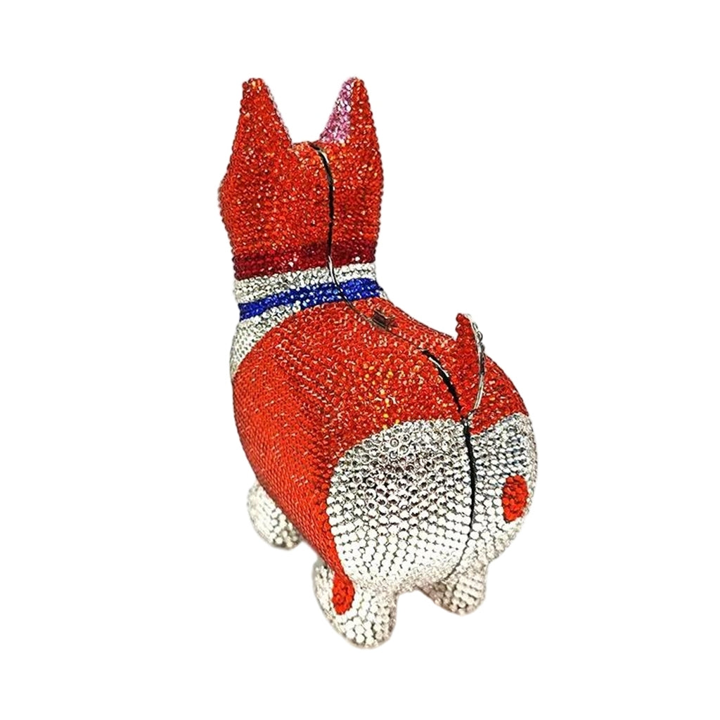 Rhinestone bulldog purse with sparkling gold, silver, black, and red jeweled detailing, featuring a unique 3D dog-shaped design and luxurious statement handbag style