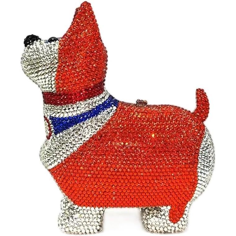 Rhinestone bulldog purse with sparkling gold, silver, black, and red jeweled detailing, featuring a unique 3D dog-shaped design and luxurious statement handbag style