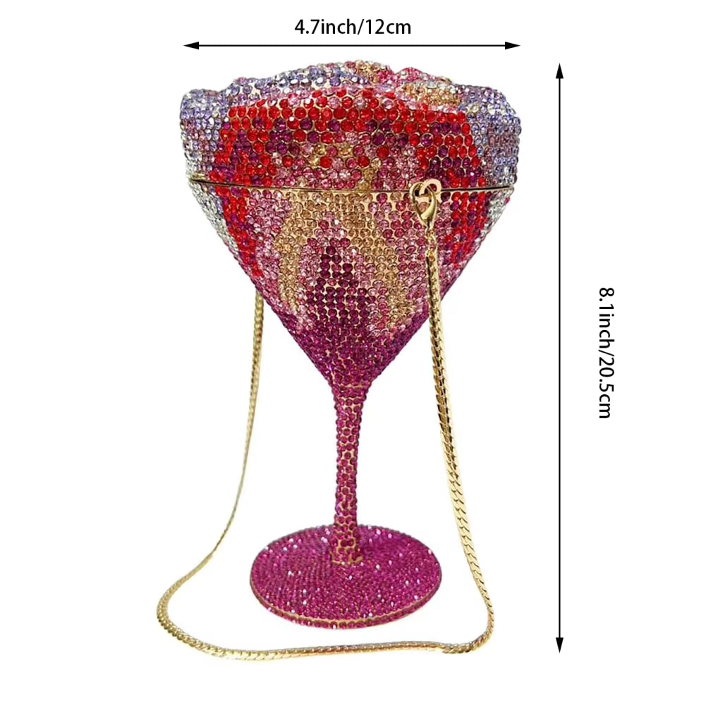 Pink flower goblet rhinestone purse covered in sparkling pink crystal embellishments with elegant gold-tone details and chain strap